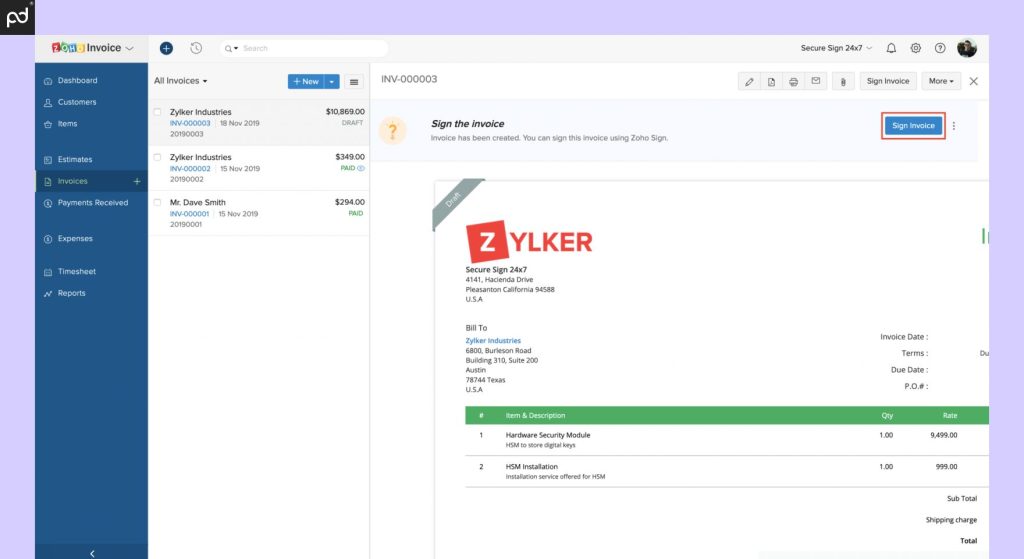 Screenshot of Zoho Invoice showing how users can electronically sign an invoice and check details such as items and their description, shipping charge, subtotal, and total