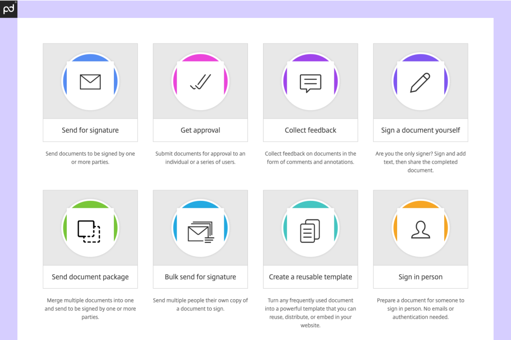 An image demonstrating the e-signing options available within Sharefile, including the ability to send for a signature, sign in person, create reusable templates, and more.