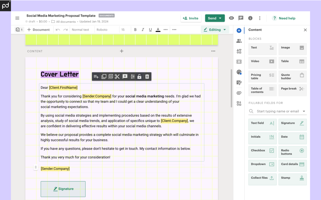 A screenshot of the PandaDoc editor, including the ability to natively edit text, insert images, build tables, and more.