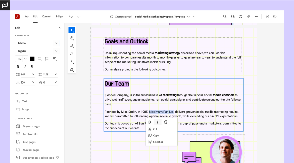 An image depicting Acrobat Sign’s PDF editing tools, including the ability to edit text, add images, organize pages, and more.