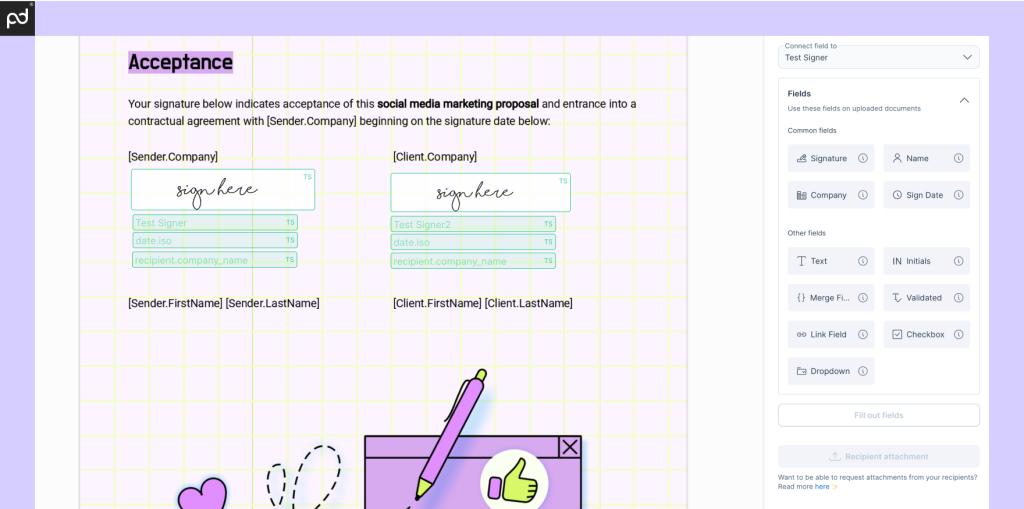 An image depicting the e-signing process within GetAccept. Signature fields, along with various text-based fields have been added to a PDF document.