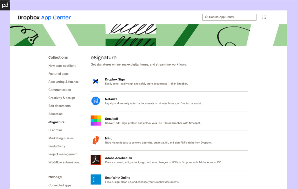 A screenshot of the Dropbox App Center, showing various e-signing integrations that connect with Dropbox.