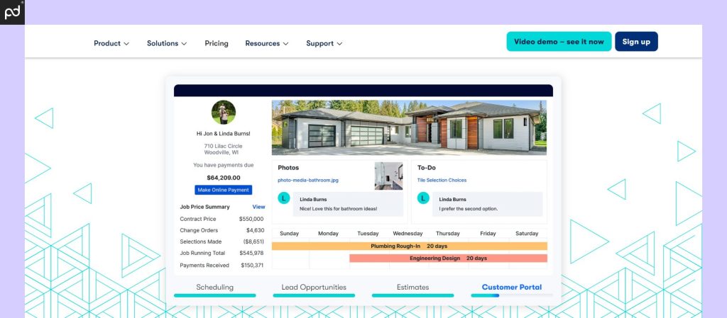 Picture showing the Buildertrend demo page for estimating construction projects