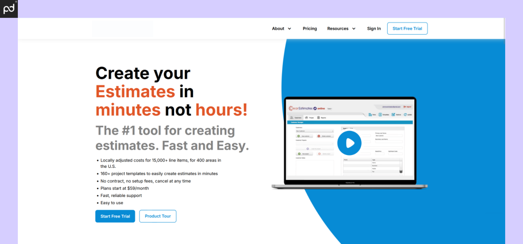 Picture showing the Clear Estimates dashboard for creating proposals and estimating project costs