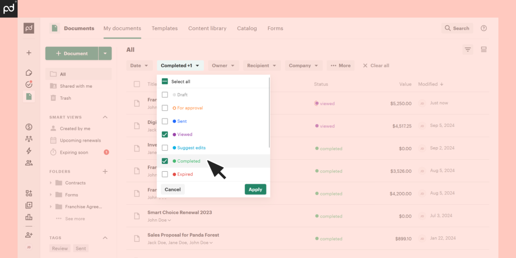  contract organization looks like by status, filter, etc