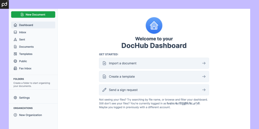 A screenshot of the DocHub Dashboard, featuring a left-hand sidebar and a collection of “Get Started” links.