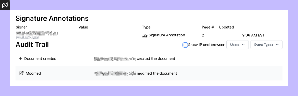 A screenshot of a DocHub audit trail featuring the status of a signed document from creation to completion.