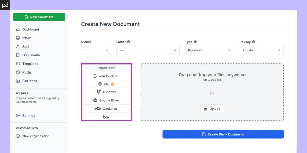 A screenshot depicting the DocHub user interface and highlighting document upload options for Dropbox, Google Drive, OneDrive, and Box.