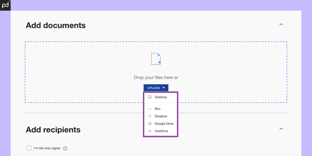 A screenshot depicting the upload integrations provided by DocuSign on the Personal plan, including Box, Dropbox, Google Drive, and OneDrive.