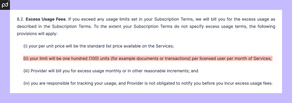 An image of the DocHub Terms of Service, limited usage to 100 transactions/documents per month.