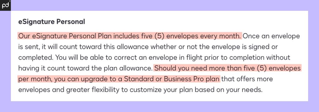 An image of the DocuSign FAQ, limited usage to five transactions per month.