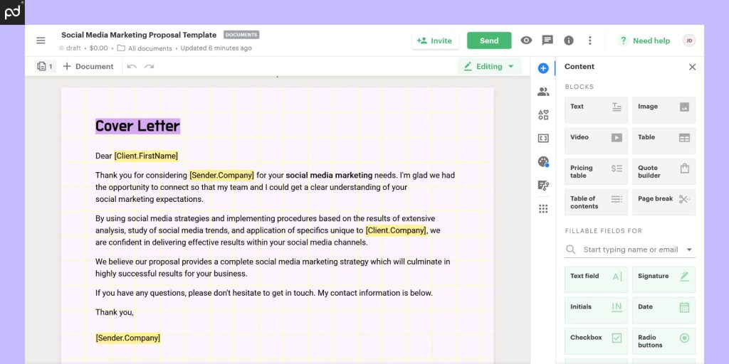 An image of the PandaDoc document editor being used to create a document entirely from scratch.