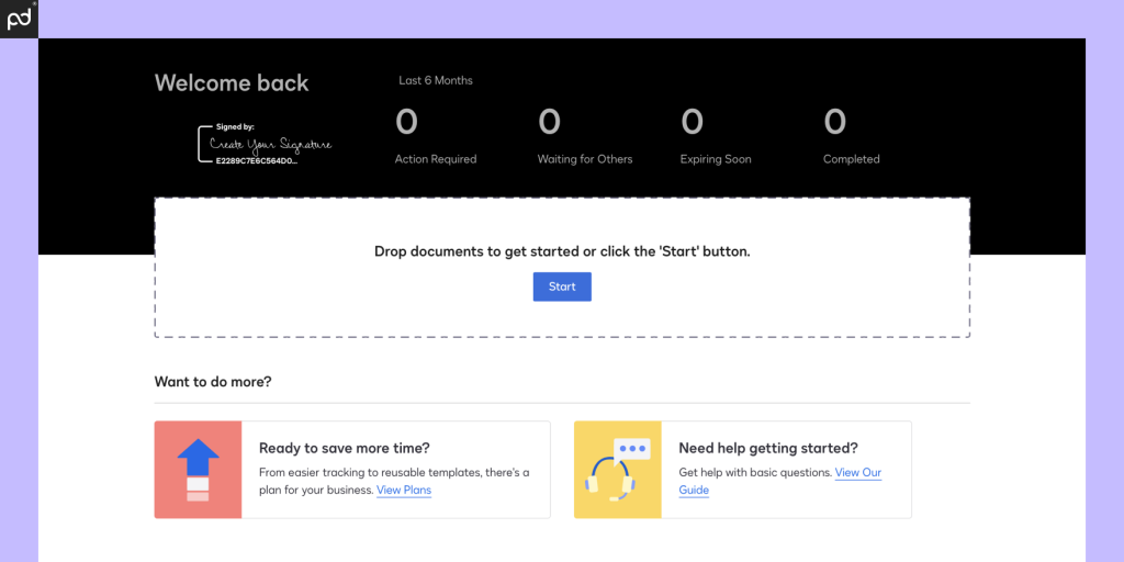 A screenshot of the DocuSign user homepage featuring a get-started area and a user dashboard.