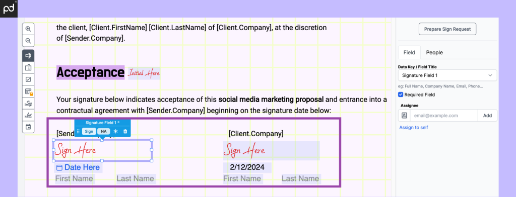 A screenshot highlighting the e-signature field on DocHub.  Fields for multiple signers are highlighted.