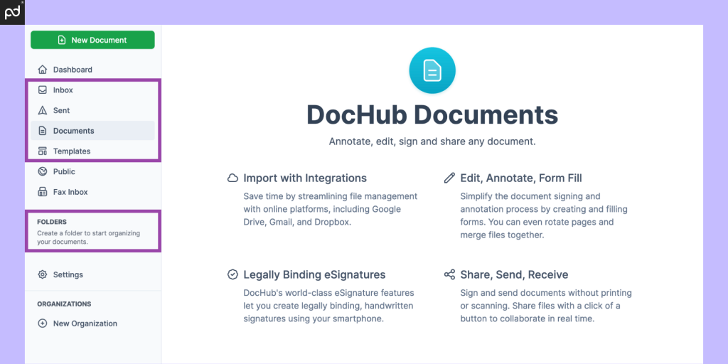 An image depicting the document management tolls on the DocHub left sidebar, including Inbox, Sent, Documents, Templates, and Folders.