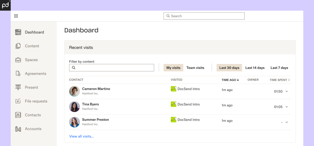 A screenshot of the DocSend user dashboard featuring a list of recent visitors to documents in the DocSend interface.