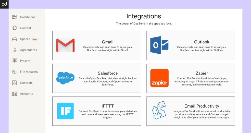 A screenshot of the DocSend integration page, which features a handful of integrations with productivity and CRM tools.