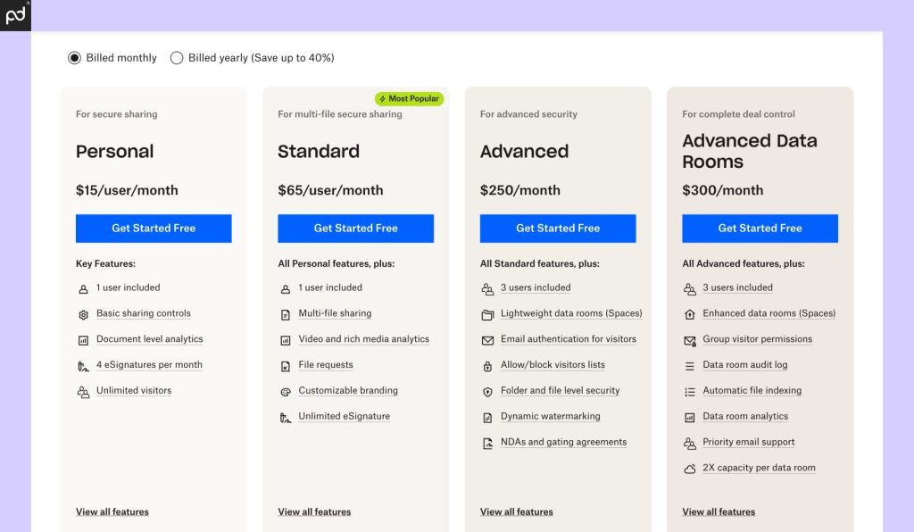 An image depicting all DocSend pricing plans, their costs, and key plan features at each tier.