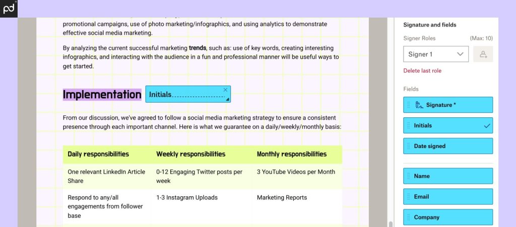 An image depicting a digital document prepared for e-signing within DocSend. A series of blue boxes sit on the right sidebar and are added to the document via dragging and dropping