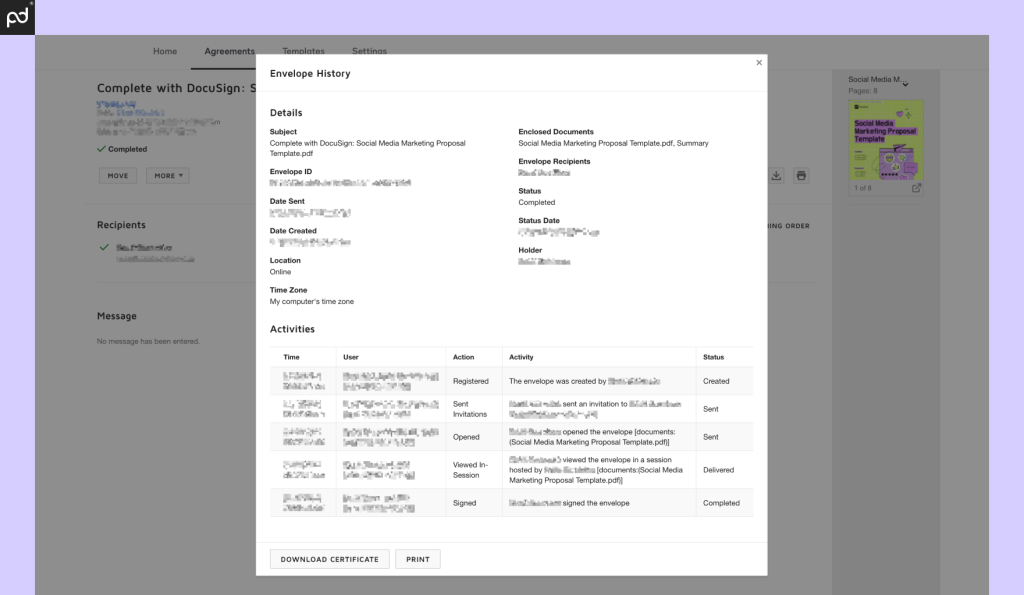 An image of a system-generated audit log created when signing documents via DocuSign.