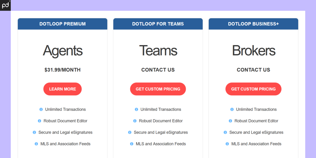 A screenshot of dotloop pricing, depicting the three basic plans on offer: “Agents,” “Teams,” and “Brokers.”