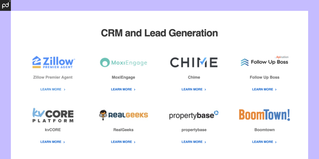 An image depicting a selection of CRM integrations from dotloop, including Zillow, ReelGeeks, and propertybase.