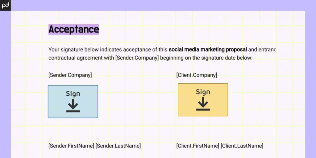 An image depicting a digital document prepared for e-signing. A blue signature box is on the left, while a yellow signature box (indicating a different signer) is on the right.