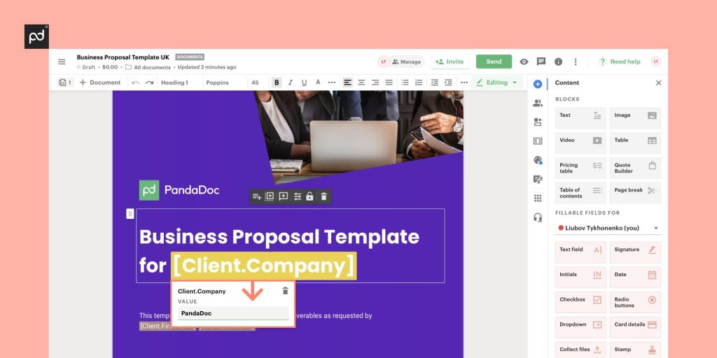 Screenshot of editing a template in PandaDoc Editor
