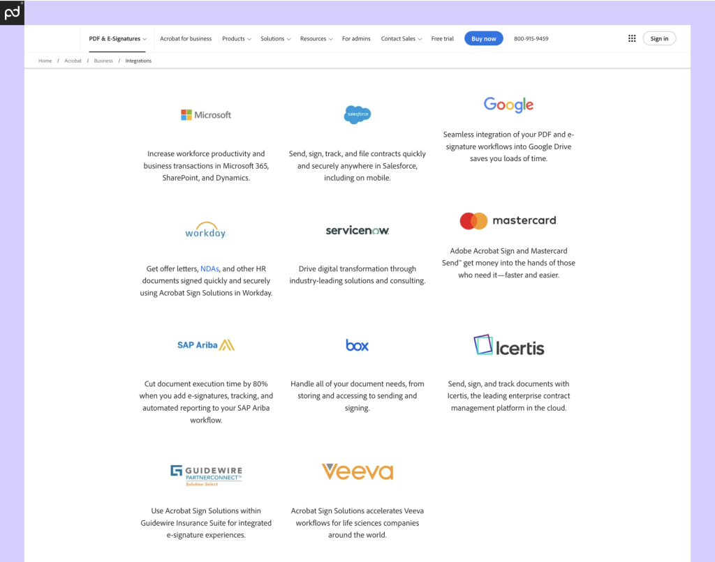 A screenshot of Acrobat Sign integration options, including partnerships with MasterCard, Box, Salesforce, and others.
