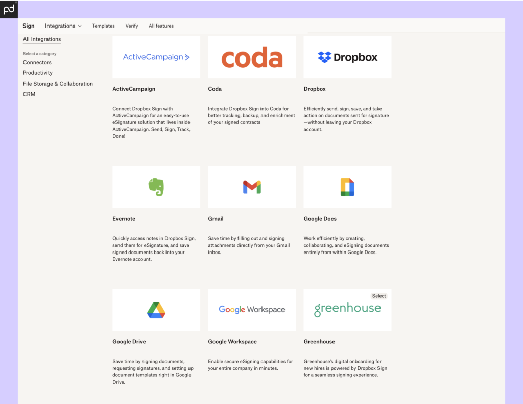 A screenshot of Dropbox Sign integrations, including Dropbox storage, Google Workspace, ActiveCampaign, and others.
