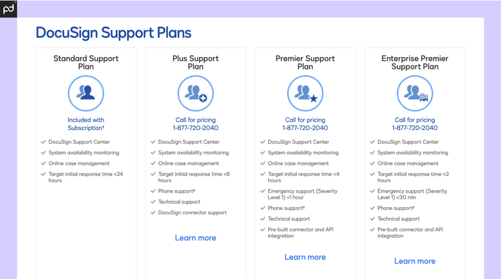 A graphic showing the four tiers of DocuSign support, including Plus, Premier, and Enterprise Premier support paid options.
