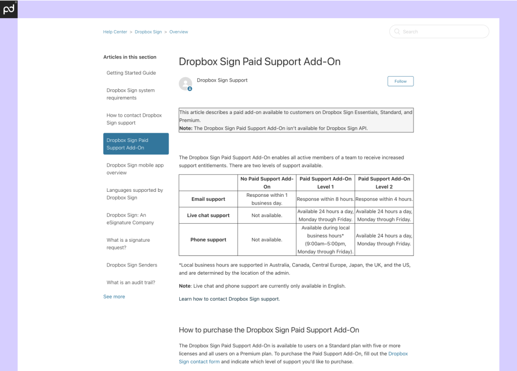 A screenshot featuring all Dropbox Sign paid support plan add-ons.
