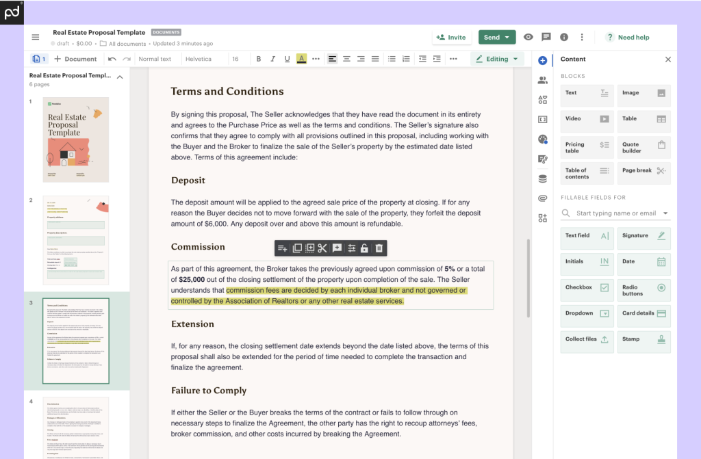 A view of the PandaDoc Document Builder user interface. The right sidebar features tools for text, pricing tables, video/image inserts, and more.
