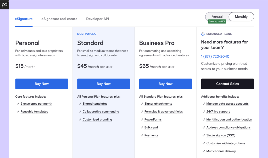 An image depicting all DocuSign pricing plans, their costs, and key plan features at each tier.
