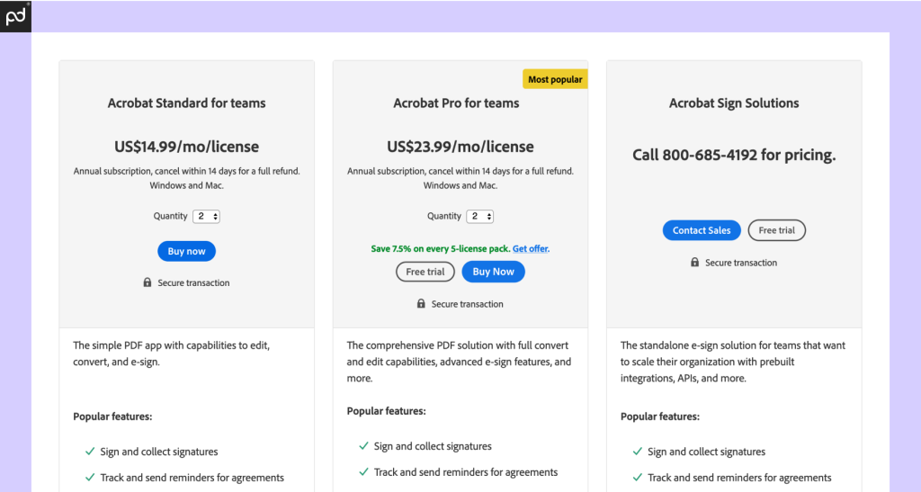 A screenshot of the team-based pricing plans for Acrobat Sign, including Standard and Pro plans, as well as the Acrobat Sign enterprise plan.
