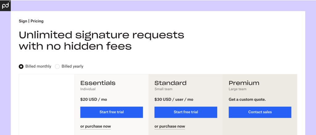 An image depicting all Dropbox Sign pricing plans and costs.
