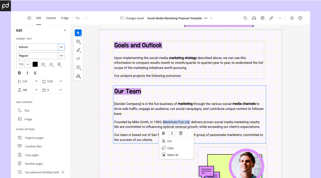 An image of Acrobat Sign’s editing tools. A PDF text box is highlighted with editing tools that allow adjustments and modifications.
