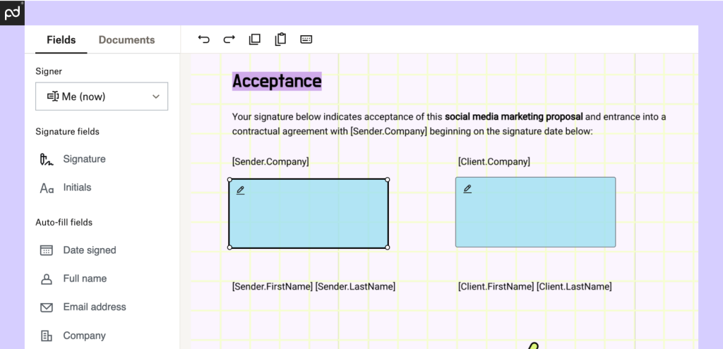 An image depicting two signature boxes on a document prepared for e-signing. Both are sized proportionally to the signature space within the document.
