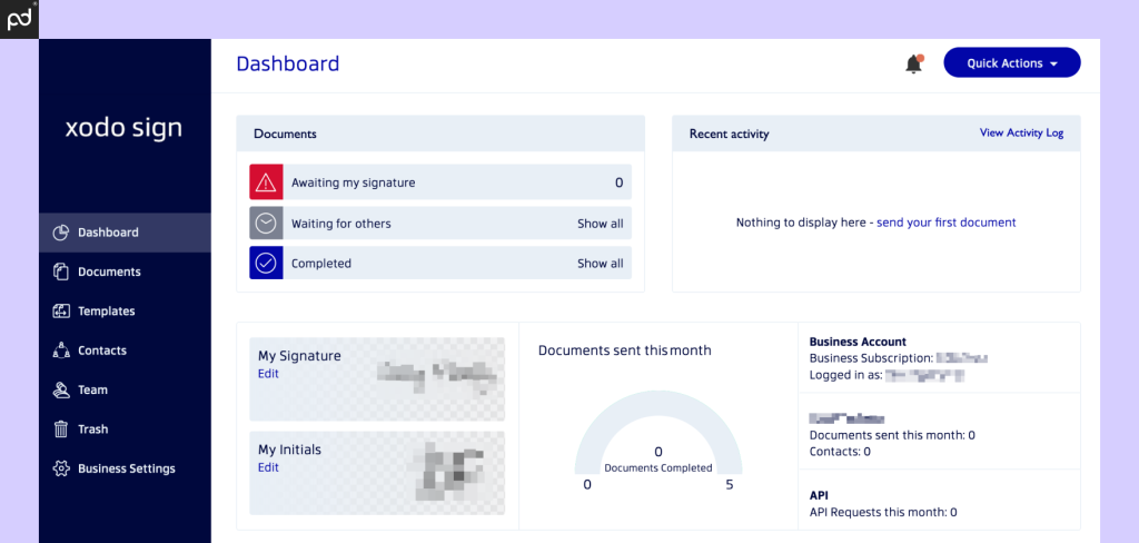 A screenshot of the Xodo Sign user dashboard featuring trackable metrics and recent activity.