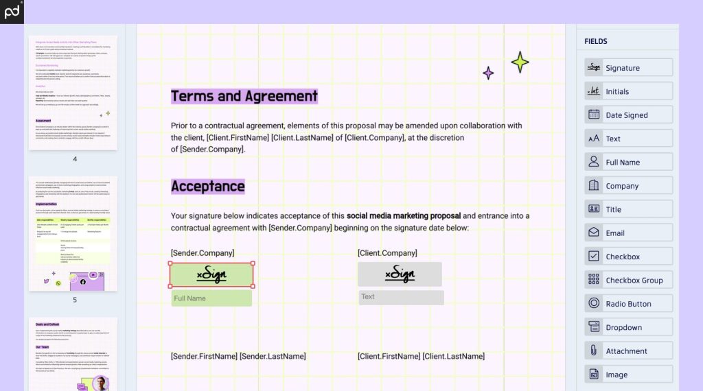 An image depicting a digital document prepared for e-signing within Xodo Sign. Signature boxes have been added to the document. Text boxes indicating where signers should enter their full name have been placed beneath the signature boxes.