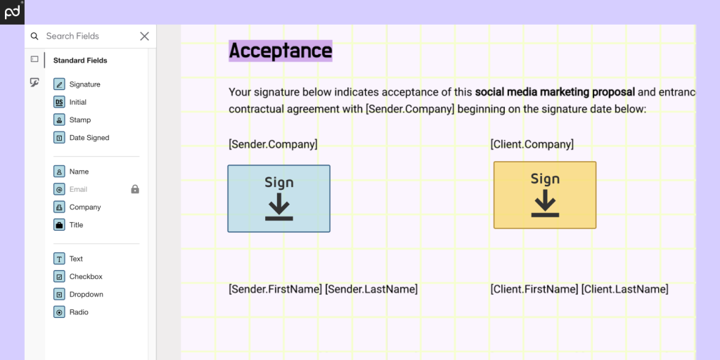 An image depicting a digital document prepared for e-signing within DocuSign. A blue signature box is on the left, while a yellow signature box (indicating a different signer) is on the right.