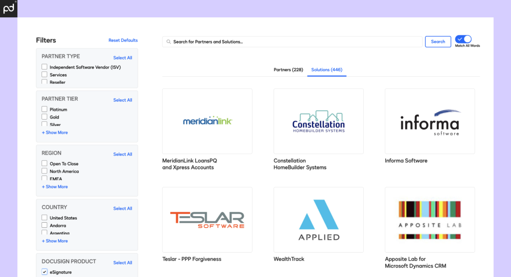 A screenshot of the DocuSign integration search tool, featuring 400+ solutions and 200+ partner organizations.
