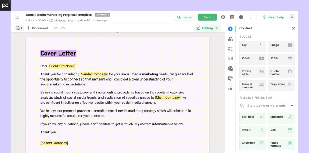 A view of the PandaDoc Document Builder user interface. The right sidebar features tools for text, pricing tables, video/image inserts, and more.