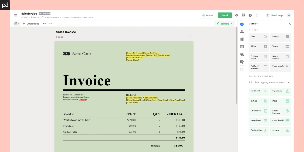 A screenshot of the invoice template in PandaDoc showcasing fields name, price, quantity and subtotal amount.  
