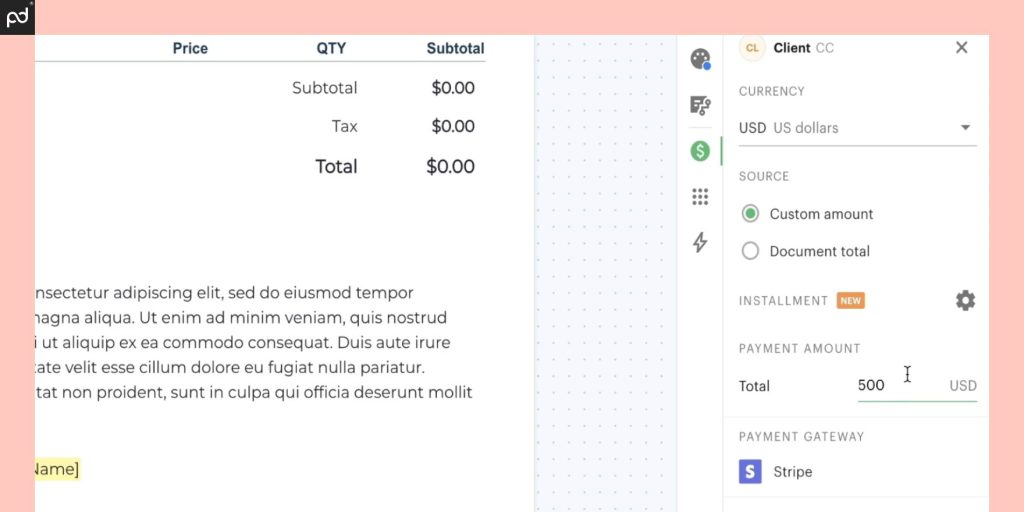 A screenshot of an invoice template in PandaDoc showcasing Stripe payment gateway integration.