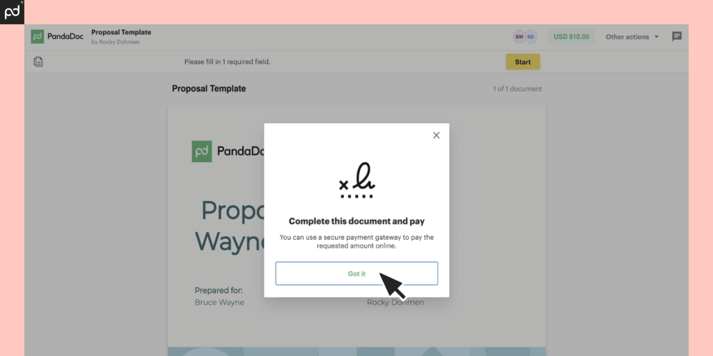 A screenshot displaying how the client sees a request complete a document in PandaDoc and pay.
