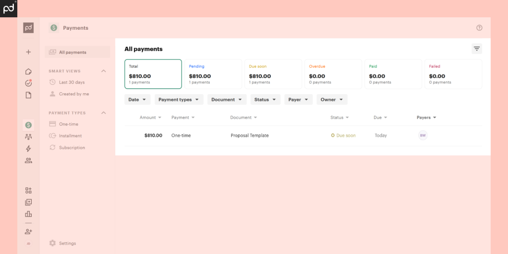 A screenshot of a payment feature status in PandaDoc displaying the due date of a proposal template.
