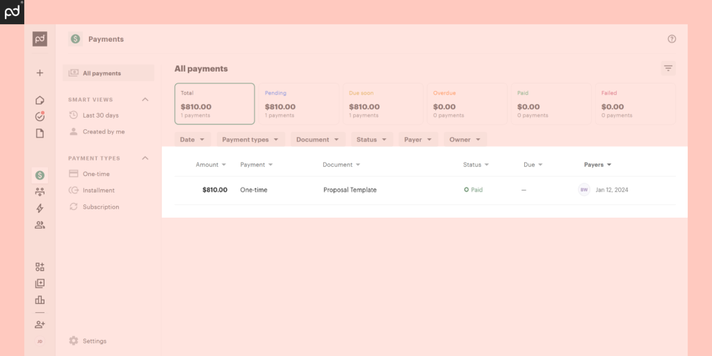 A screenshot of a payment feature status in PandaDoc displaying that the proposal template has been paid. 