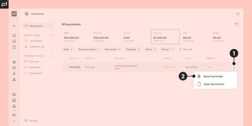 A screenshot of a PandaDoc all payments window displaying how to send a payment reminder.