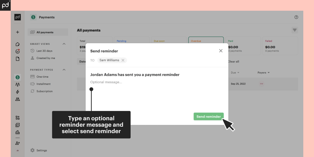 A screenshot of a PandaDoc payment reminder feature showcasing how to add an optimal reminder message.
